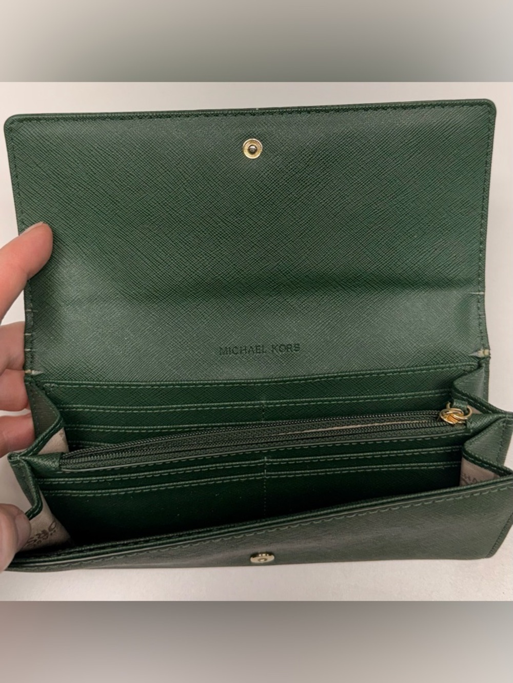 Michael Kors Dark Green Saffiano Leather Continental Wallet with Gold Logo - Picture 4 of 8